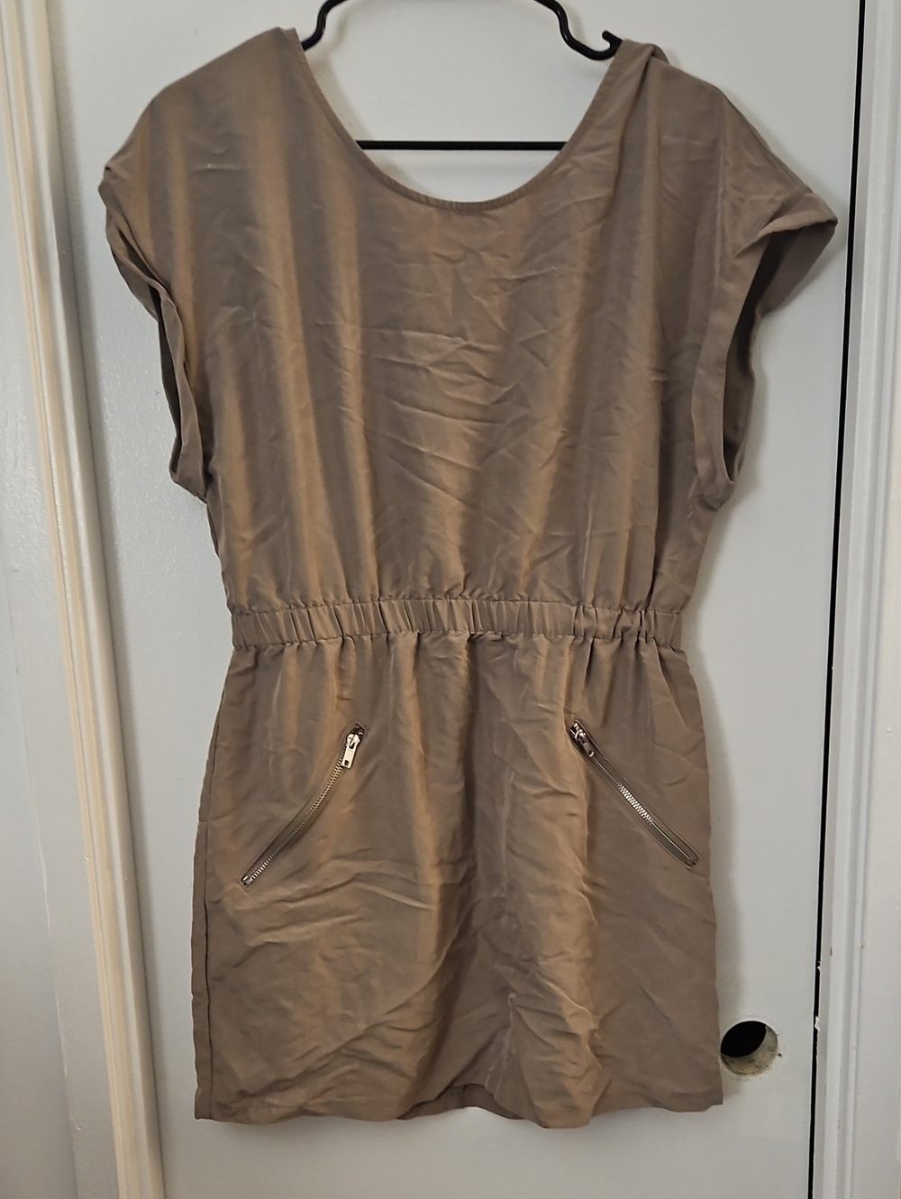 H&M Taupe Elastic-Waist Mini Dress with Zip Pockets